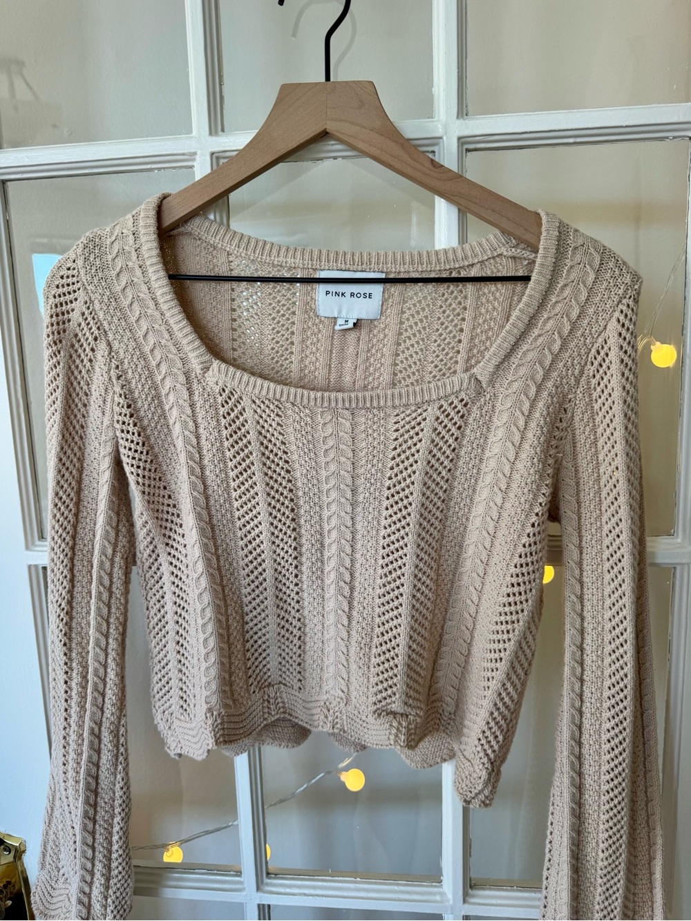 Pink Rose Beige Open-Knit Scoop-Neck Sweater